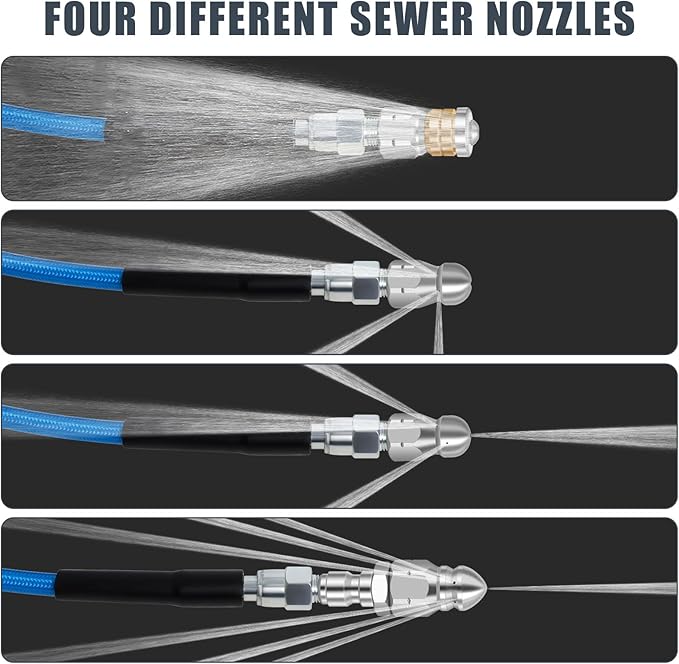 100 FT Sewer Jetter Kit for Pressure Washer, 5800PSI Water Jet Drain Cleaner Hose, 1/4 Inch NPT Corner with 4 Sewer Jetting Nozzles, Pearl Corsage Pin, Waterproof Tape, Handle Strap&2 Spanner (Blue)