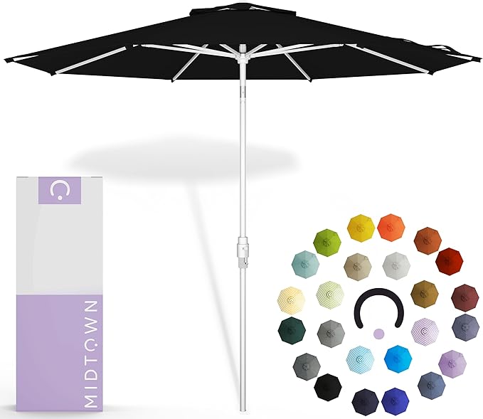 Midtown Umbrellas The Swilt 9 Feet Patio Umbrella in Terylast Ebony (Black) Polyester Fabric - Fiberglass Ribs, Auto-Tilt Aluminum Frame For Backyard, Deck, Garden, Pool - White Pole