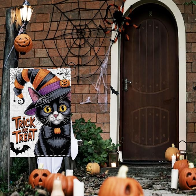 HTBIG Halloween Black Cat Garden Flags, Halloween Trick or Treat Decor, Yard Flags for Outside 12x18 inch, Outside Yard for Home Decorations