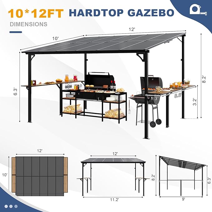 MEISSALIVVE 10' x 12' Wall Mounted Gazebo, Outdoor BBQ Grill Gazebo with Side Shelf, Lean to Metal Awnings with Sloped Roof, Heavy Duty Pergola for Backyard, Deck, Black