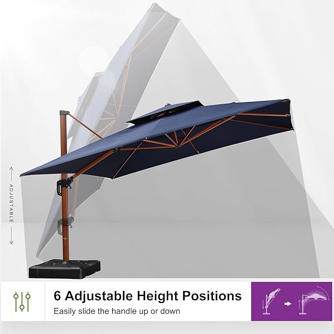 PURPLE LEAF 10' X 13' Double Top Deluxe Wood Pattern Rectangle Patio Umbrella Offset Hanging Umbrella Outdoor Market Umbrella Garden Umbrella, Navy Blue