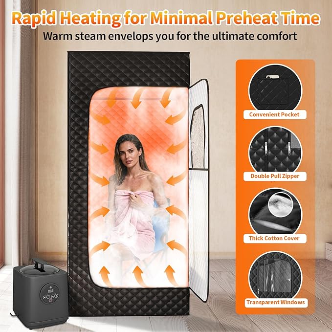 Portable Steam Sauna Box for Home, Infrared Sauna Tent with 3L Steam Generator, Remote Control, 15 Temperature Levels, 66 Minute Timer, Indoor Sauna with Foldable Chair for Home Spa,Black