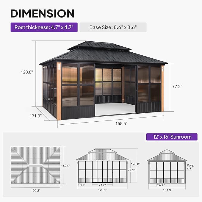PURPLE LEAF 12' X 16' Sunroom Patio Hardtop Gazebo Double Top Galvanized Steel Screen House Aluminum Sun Room Outdoor Solarium for Garden Backyard
