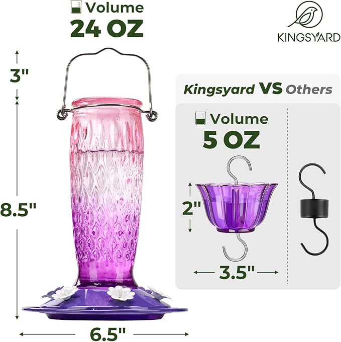 Kingsyard 2 Pack Glass Hummingbird Feeders for Outdoors Hanging, Wild Bird Nectar Feeder with 6 Feeding Ports, 24 oz Leak-Proof, Pink & Purple (Ant Moat Included)