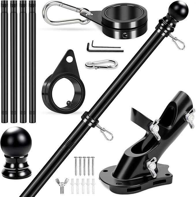 REERON House Flag Pole, 5 FT Metal Spinning Flag Poles Kit, 1" Tangle Free Stainless Steel Flagpole with 360° Flag Rings & 2-Position Holder Bracket for Outside House Porch Wall Mount for 3x5 Flag