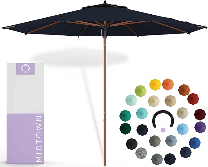 Midtown Umbrellas The Wooden 9 Feet Patio Umbrella With Sunbrella Canvas Navy Acrylic Fabric - Aluminum Frame Market Umbrella For Backyard, Deck, Garden, Pool - Wooden Pole