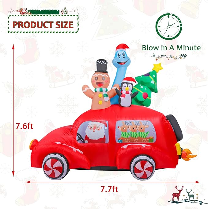 MUMTOP Christmas Car Inflatable-Christmas Inflatable Outdoor Decoration - 7.7 FT Lighted Inflatables Santa Carry Reindeer, Gingerbread, Penguin, Tree and Dinosaur, Blow Up Decor