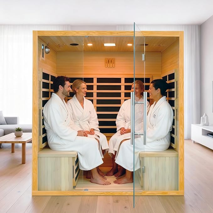Homsido 3-4 Person Sauna, Hemlock Wooden Indoor Far Infrared Home Sauna Room 11 Low EMF Infrared Carbon Panels with Tempered Glass Door,Bluetooth Speakers 7 Chromotherapy Lights（220V, 2880W）