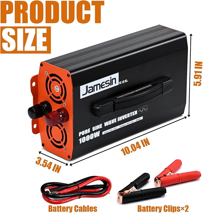 Jamesin Pure Sine Wave Inverter 1000 Watts, 2000 Watts Peak Power, 12 VDC to 110/120 VAC with LED Display for Home, Truck, Car, RV, Residential Solar Systems