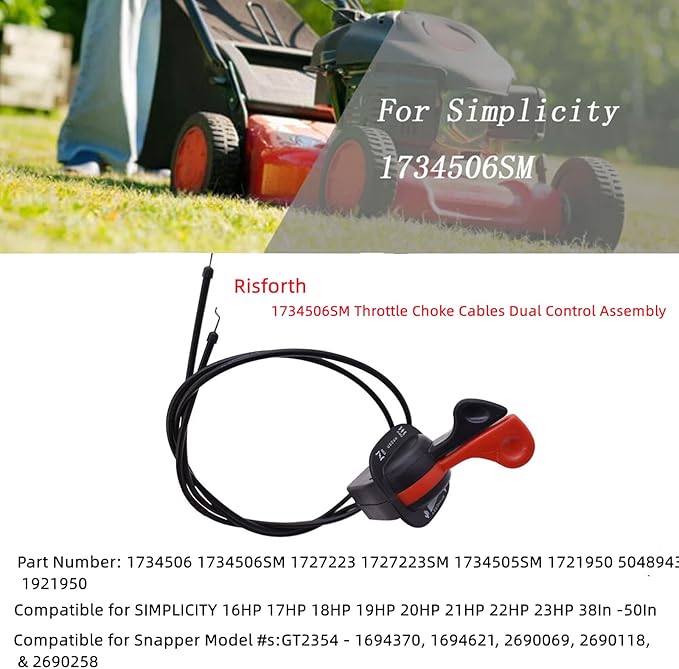 Risforth1734506SM Throttle Choke Cables Dual Control Assembly Compatible with Briggs Stratton Baron Simplicity 16HP-23HP 38In -50In 1734506 1727223 1734505SM 1727223SM 1921950 1721950 5048943