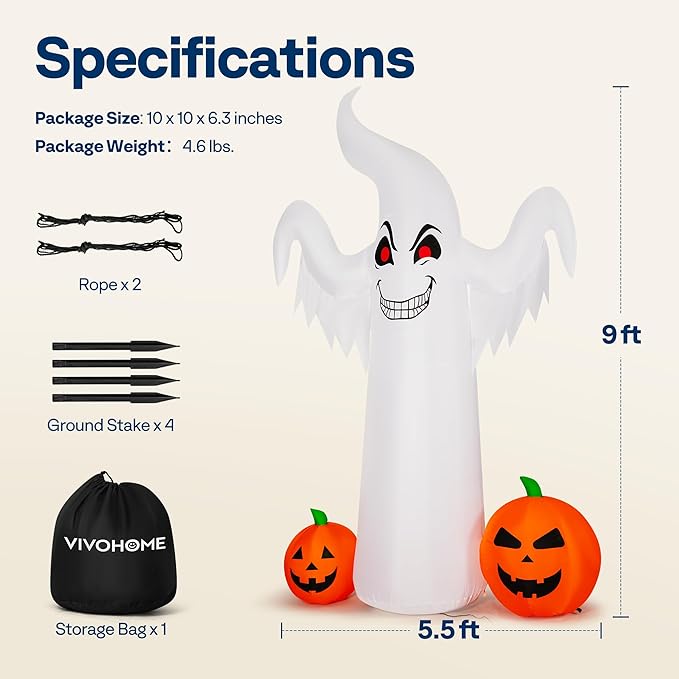 VIVOHOME 9FT Halloween Inflatable Yard Decor, Giant Ghost with 2 Pumpkin, Outdoor Blow Up with Built-in LED Light for Lawn, Garden, Party