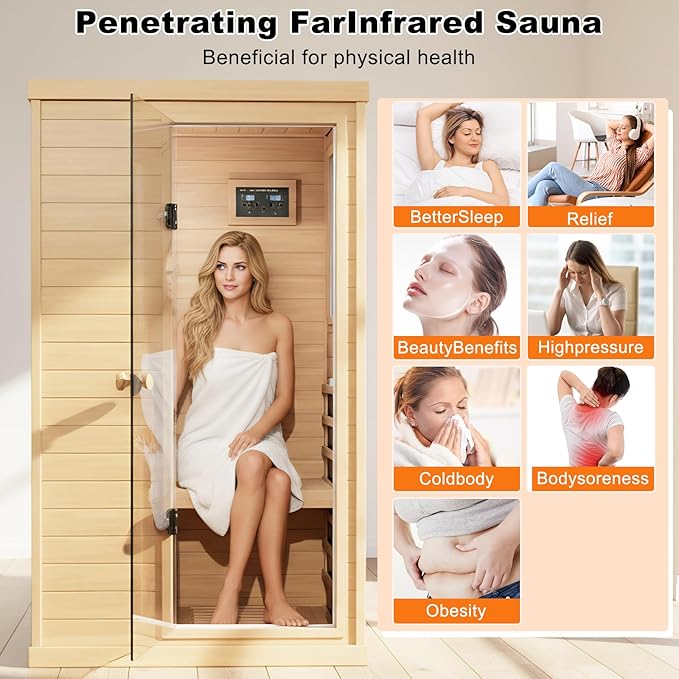 1 Person Infrared Sauna for Home, 1050W Low EMF Indoor Sauna Spa, Canadian Hemlock Home Sauna with Control Panel and Rapid Heating, Bluetooth Speaker, Right Side
