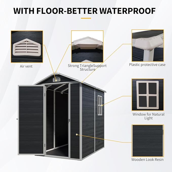 4x6 ft Outdoor Resin Storage Shed with Floor, Waterproof Plastic Garden Shed with Lockable Door and Windows, All-Weather Tool Sheds for Backyard, Patio, Lawn (Black)