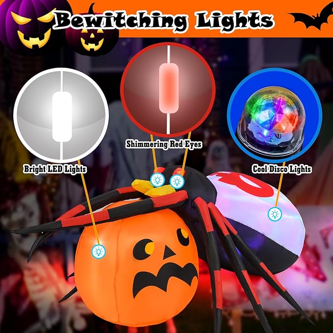Goplus 5 Ft Length Halloween Inflatables, Spider Outdoor Decoration with Pumpkin, Magic Disco Light, Shimmering Red Eyes, Built-in LED Lights, Blow up Yard Decoration for Party, Yard, Lawn, Patio