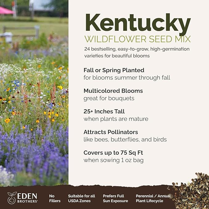 Eden Brothers Kentucky Wildflower Mixed Seeds for Planting, 1 oz, 30,000+ Seeds with Black Eyed Susan, Cosmos | Attracts Pollinators, Plant in Spring or Fall, Zones