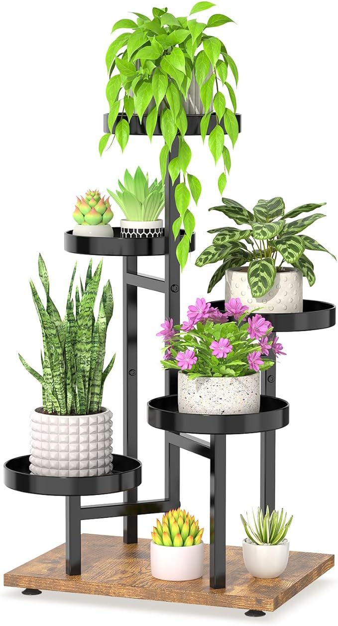 LASZOLA 6 Tier Black Plant Stand Indoor for Large Tall Heavy Duty Planter, Modern Mid Century Metal and Wooden Rack for Narrow House Bathroom Corner Floor, Vertical Spiral Orchid Organizer, Cat Proof