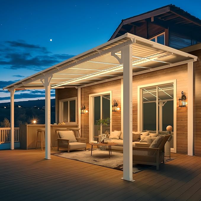 AECOJOY 16' x 10' Gazebo White Outdoor Pergola for Patio, Large Wall-Mounted Hard Top 10x16 Lean to Metal Gazebo Shelter Pergolas and Gazebos Clearance with Patio Roof, Heavy Duty Awnings for Patio