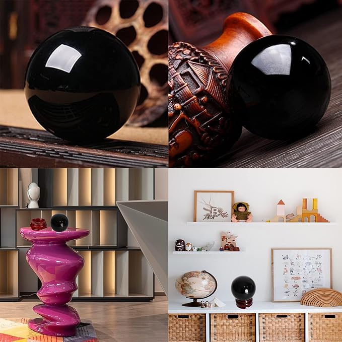 JIC Gem Small Black Obsidian Sphere Ball with Wooden Stand for Fengshui Healing Crystal Decoation Meditation Ball (2.2", 55mm)