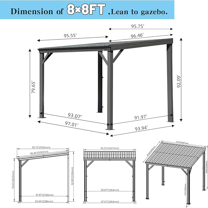 Domi 8’x8’ Lean-to Gazebo, Hardtop Wall-Mounted Gazebo Pergola with Sloping Galvanized Steel Roof and Upgraded Drainage System, Outdoor Permanent Metal Shelters for Patio Backyard Deck, Grey