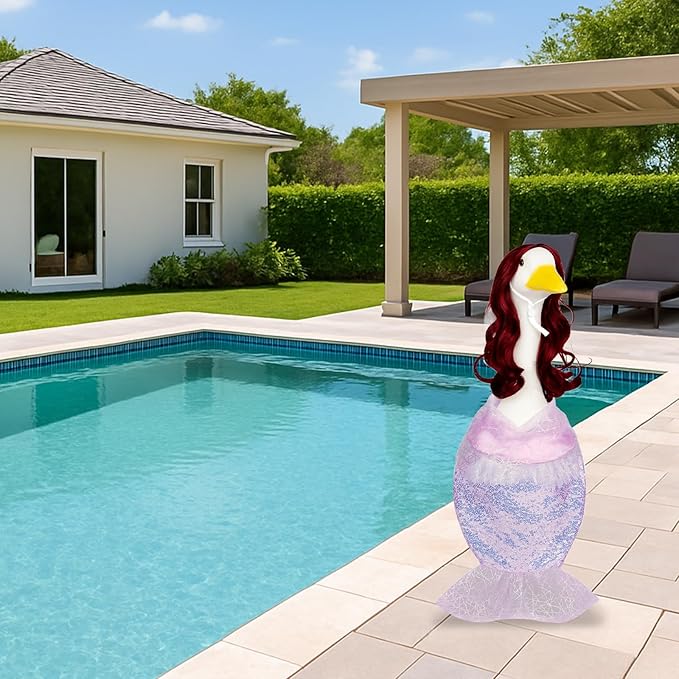 Mermaid Porch Goose Outfits with Red Wigs Colorful Mermaid Goose Costume for 23" Cute Porch Geese Statue Clothes for Summer Outdoor Patio Yard Lawn Decor