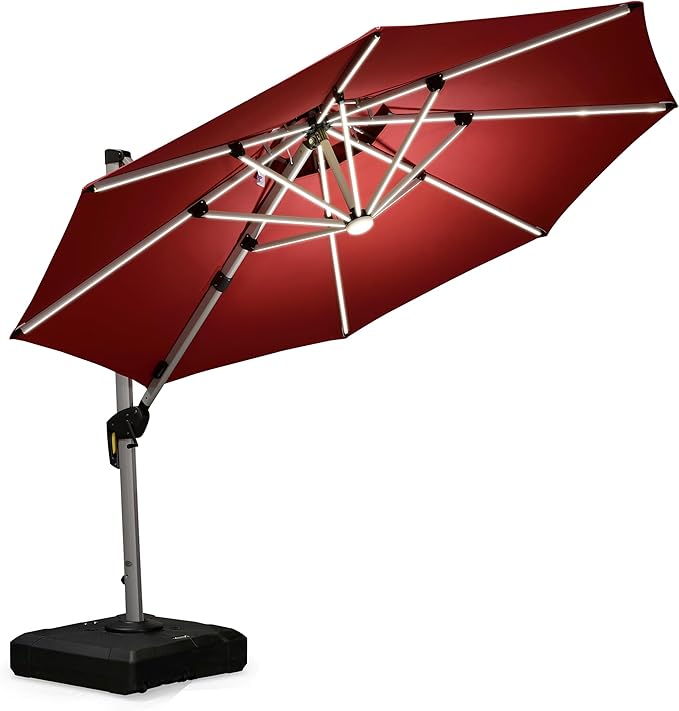 PURPLE LEAF 10ft Solar powered LED Patio Umbrella Outdoor Round Umbrellas Large Cantilever Umbrella with LED lights Windproof Offset Umbrellas Heavy Duty Sun Umbrella for Garden Deck Pool Patio, Terra