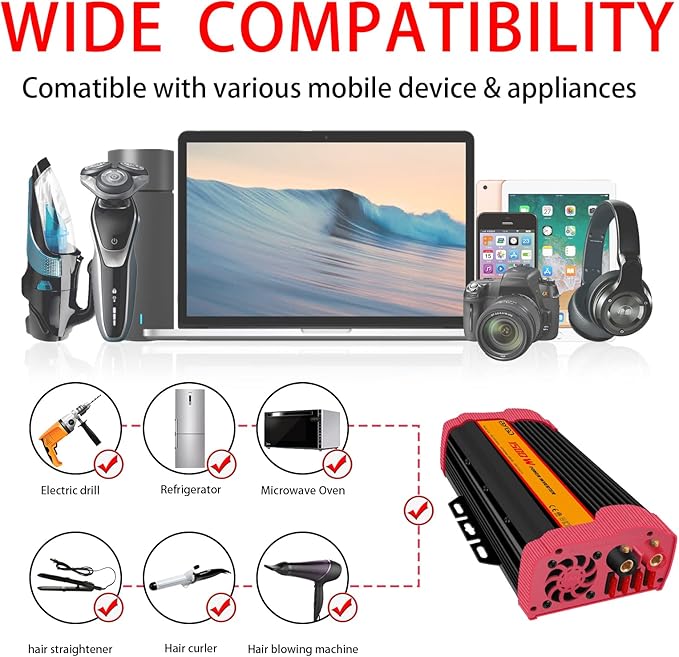 1500W Car Power Inverter DC 12V to AC 110V Car Converter Charger Adapter with Dual Outlets and 4.2A Dual USB Ports DC to AC Power Inverter for Truck Outdoor Home Camping RV Hurricane Emergency Red