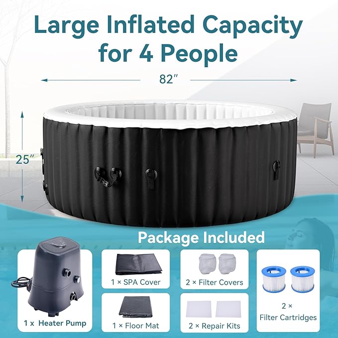 4-6 Person Inflatable Hot Tub, 264Gal Round Portable Blow up Hot Tub, Leak-Proof PVC Outdoor Spa with 130 Air Jets, Heater Pump and Insulated Cover, 82” X 82” X 25
