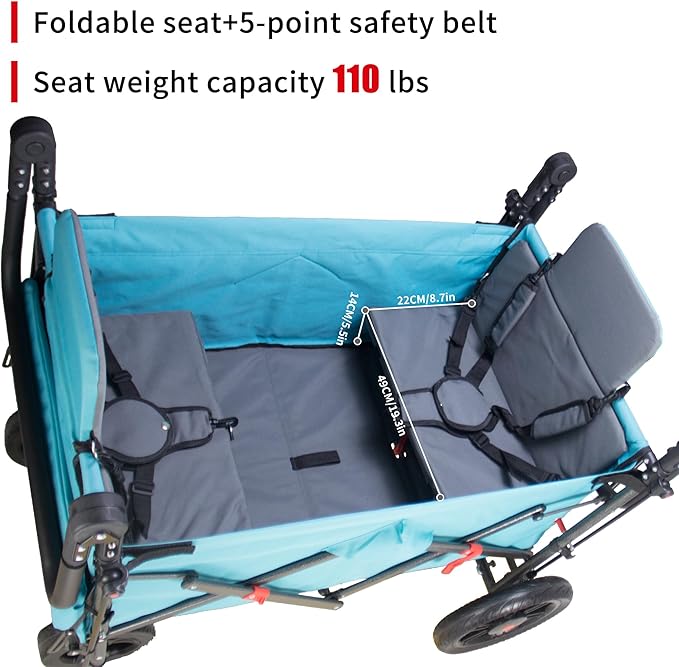 Foldable Wagon with Canopy - Collapsible Utility Cart with 2 Seats & Belts, Adjustable Handle, Expandable Front for Camping, Picnic, Shopping (Turquoise/Grey)