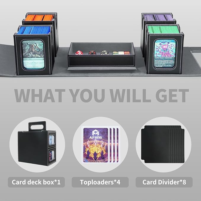 AFIING Commander Deck Box for MTG/EDH, Fits 400+ Double-Sleeved Cards, with Display Window, 4 Removable Deck Cases, Dividers, Dice Tray & Handle, Card Holders for TCG (Black Grey)