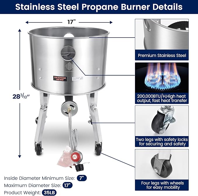 ARC 40QT Stainless Steel Stockpot With 200,000BTU Propane Burner, Seafood Boil Pot and Burner with Basket and Steamer Rack, Cookware for Crawfish Crab Shrimp Lobster Boil, Turkey Fryer, Tamale Steamer