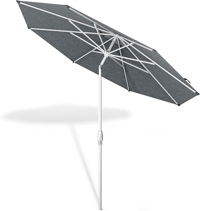 Midtown Umbrellas The Swilt 9 Feet Patio Umbrella in Sunbrella Cast Slate Acrylic Fabric - Fiberglass Ribs, Auto-Tilt Aluminum Frame For Backyard, Deck, Garden, Pool - White Pole