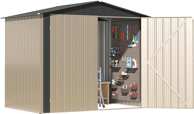 Outdoor Metal Shed,6×4 FT Metal Shed with Peaked Roof and Lockable Double Doors,Waterproof Outdoor Tool Storage Clearance for Backyard,Garden,Brown