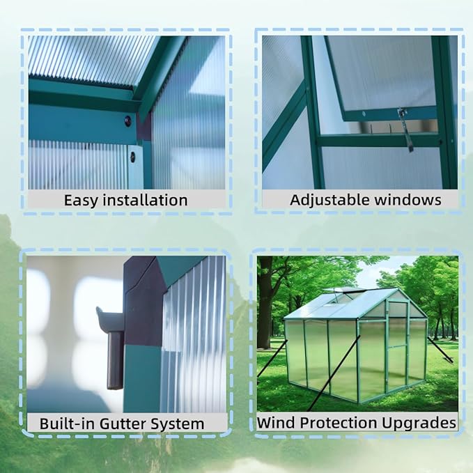 72*120in Greenhouse for Outdoors, Polycarbonate Greenhouse with Stronger Wind Protection and Roof Vent, Walk-in Large Aluminum Sunroom Winter Proof, Green