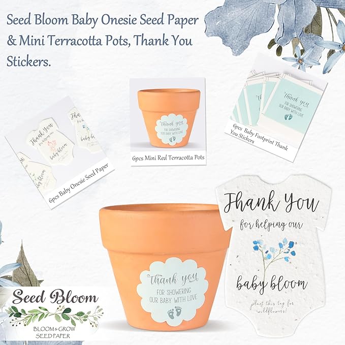 Set of 6 Seed Paper – 6 Blue Onesie & 6 Orange Pots with Stickers for Weddings & Life Events