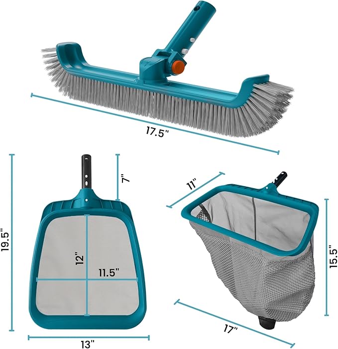 Economy Swimming Pool Cleaning Kit - Fine Mesh Deep Pool Rake & Leaf Skimmer Net, Rotatable Pool Brush Head for Cleaning Above Ground & Inground Pools (No Pole)