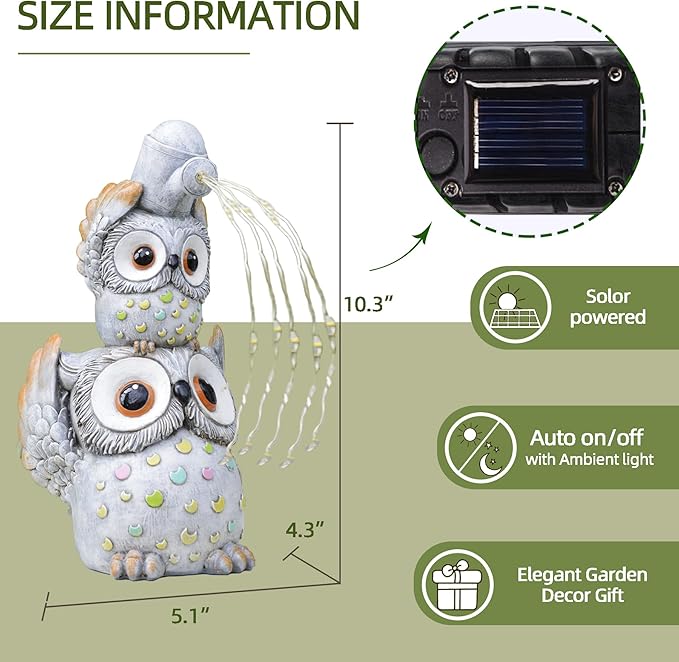 Solar Garden Statues Outdoor Decor, Watering Owl Statue Garden Decor, Resin Yard Decorations Outdoor for Patio, Porch, Balcony, Lawn Ornaments, House Warming Birthday Gifts for Mom Women Grandma