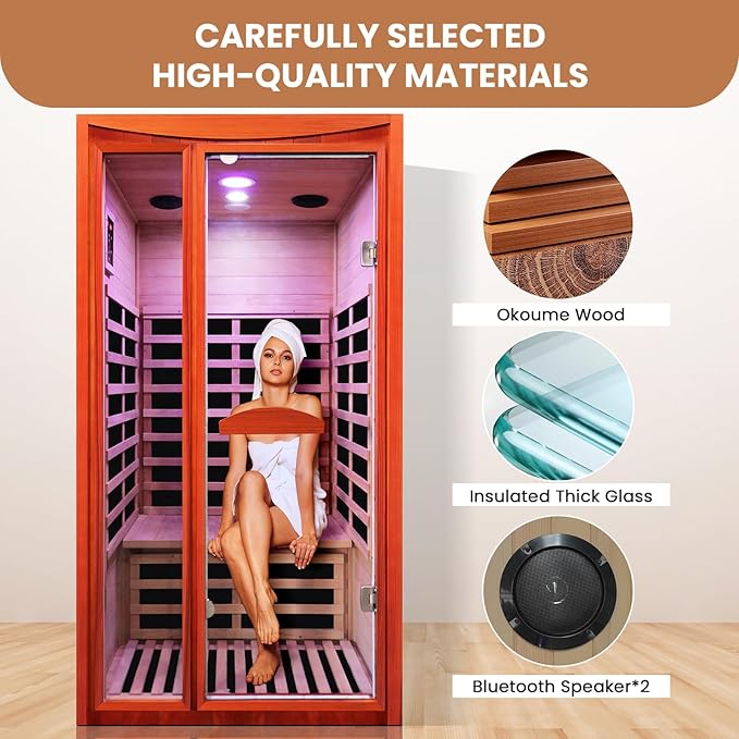 Sauna, Far Infrared Saunas for Home Room 1550W/110V Indoor Sauna for Single Person Okoume Wood Sauna Spacious 1 - 2 Person Low EMF Dry Sauna with Speakers/Air Hole and Color Lighting 39.4*35.4*74.8 IN