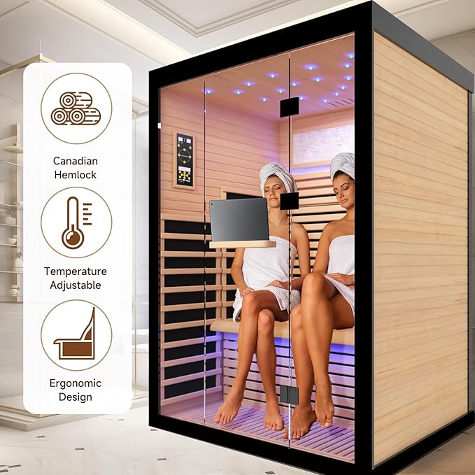 Far Infrared Home Sauna Room,2160W 7 Color Light Therapy Lamp Dry Saunas for Home,Infrared Sauna 2-3 Person,Canadian Hemlock Indoor Sauna Spa with Oxygen Bar,Starry Night Light Canopy