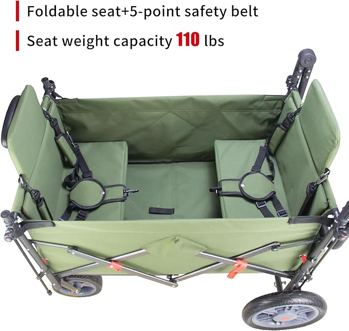 Collapsible Foldable Wagon Cart with Quick-Release Wheels & 2 Seats - Heavy-Duty Utility Folding Wagon 265LBS Capacity for Camping, Garden, Shopping (Green)