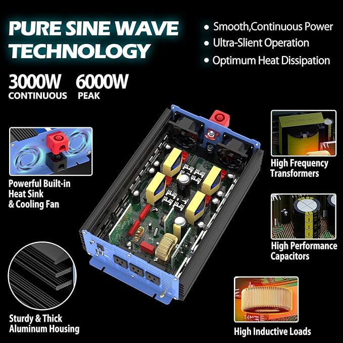 24V Power Inverter 3000 Watt Pure Sine Wave, DC 24V to AC 110V 120V Car Inverter with Dual USB Port, Type-c Port, Three Sockets, Remote Control, LCD Display, Smart Cooling Fans, Battery Inverter Cabl