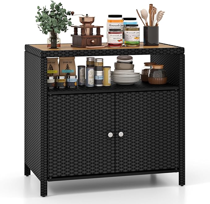 RELAX4LIFE Wicker Outdoor Bar Cabinet - PE Rattan Patio Bar Table w/Acacia Wood Countertop, Open Shelf & 2 Doors, Buffet Sideboard Organizer for Garden Backyard Pool, Outside Storage Cabinet (Black)