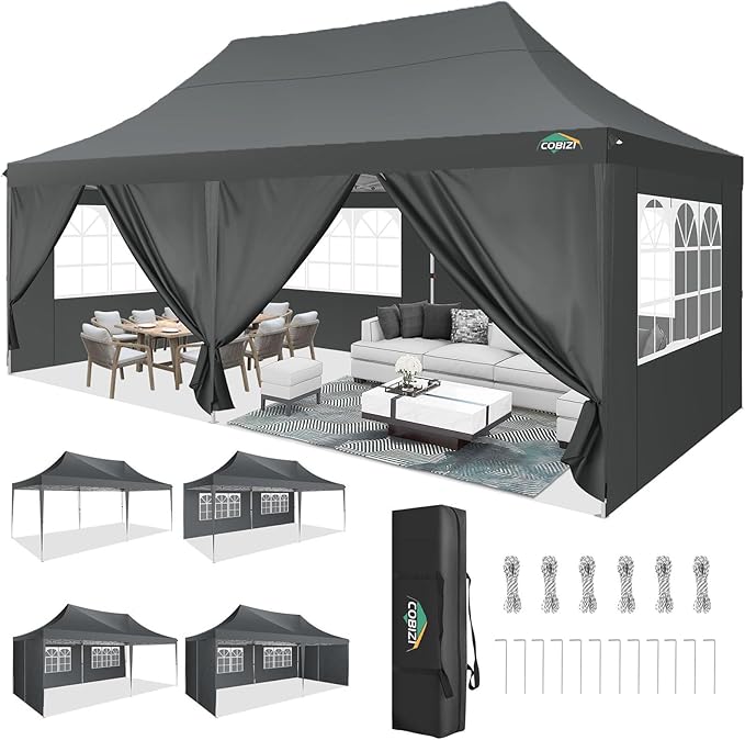 COBIZI 10x20 Pop Up Canopy with 6 Sidewall, Commercial Canopy UPF 50+ Waterproof Outdoor Gazebo with Carry Bag, Tents for Parties with Upgrade Frame, 3 Height Adjustable, Gray