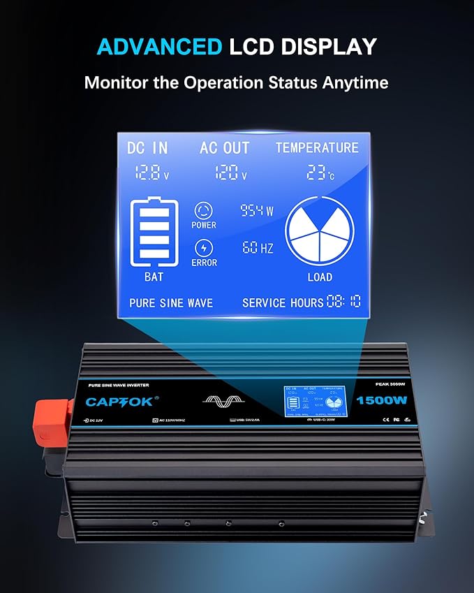 1500W Pure Sine Wave Inverter DC 12V AC 120V Double LCD Screen Remote Control Power Inverter 30W USB-C 4AC Outlets for RV, Home, Solar System