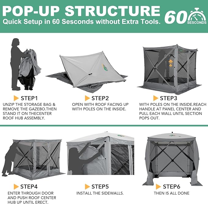COBIZI 6x6 Pop up Gazebo Tent on Clearance, Ez up Waterproof Screen Tent Screen House with 3 sidewalls,Portable Outdoor Canopy with Carry Bag & Ground Stakes for Camping,Garden and Picnics, Grey