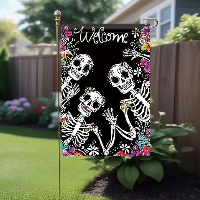 Halloween Skeleton Garden Flag 12x18 Inch Double Sided for Outside Skeletons with Flowers Yard Flag for Outdoor Holiday Home Decor