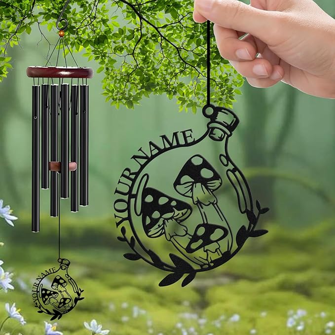 Personalized Customize Name Fantasy Mushroom Wonderland Wind Chime, Metal Iron 37 Inch Outdoor Memorial Gift for Garden Yard Patio Home Decor, Black (Style B)