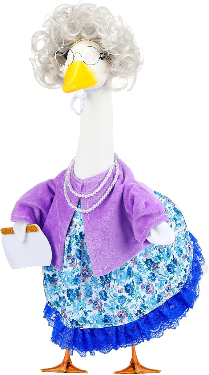 Abbylike Halloween Porch Goose Outfits Old Lady Goose Clothes with Sunglasses Pearl Necklace and Silver Wig for 23" Geese Halloween Outdoor Patio Yard Lawn Decoration