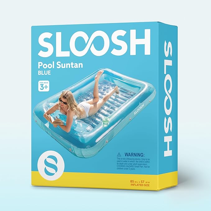 SLOOSH Inflatable Tanning Pool Lounger Float, 85" x 57" Extra Large Pool Floats Adult with Pillow, 4 in 1 Suntan Tub Raft Floatie,Sunbathing Bed Lounge for Water Blow Up Ball Pit Party Gifts, XL-Blue