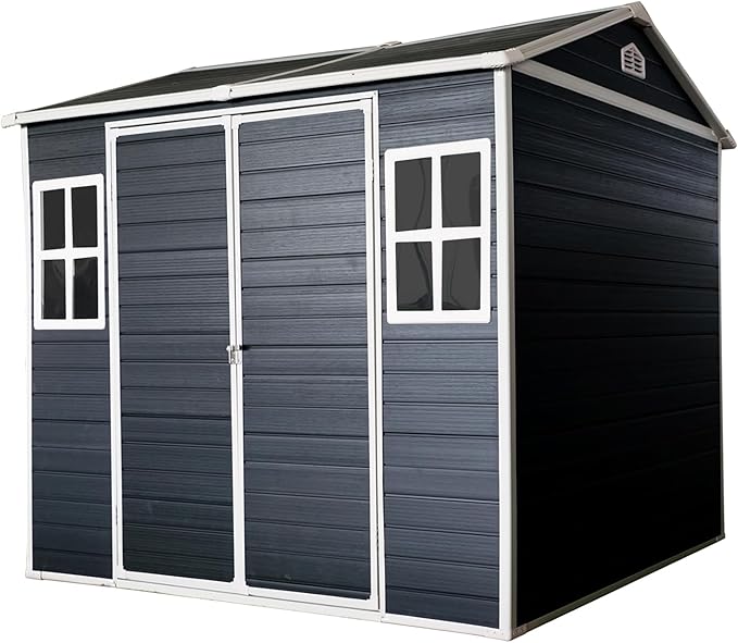 8x6 FT Resin Outdoor Storage Shed with Floor, Windows & Lockable Doors Waterproof All-Weather Garden Shed for Backyard, Patio, and Lawn Equipment Storage, Grey