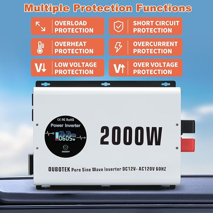 2000W Pure Sine Wave Power Inverter DC 12V to AC 120V Converter with LCD Display, Wireless Remote Control, 4 AC Outlets, 1 Hardwire Terminal, Dual USB Ports for RV Truck Boat Solar System